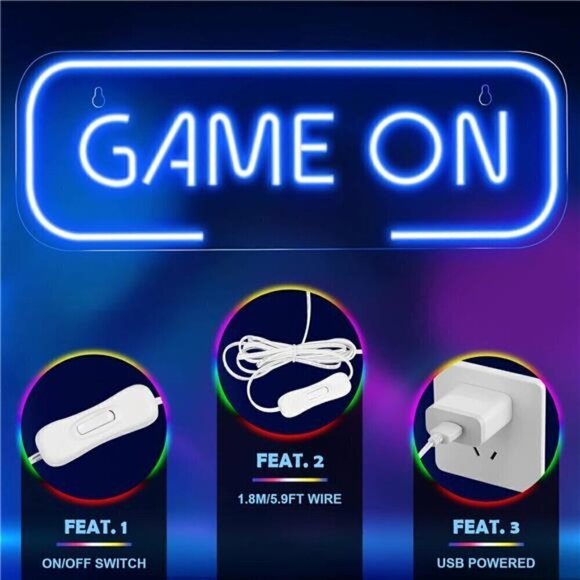 Gaming Neon Sign Game On Blue Room Decor LED Teen Boy Room Gamer Wall Console - Picture 4 of 8